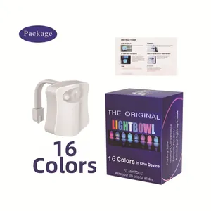 Detailed package view of a 16-color LED toilet night light with motion sensor and manual