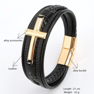 Men's multi-layer black leather bracelet with golden alloy cross and magnetic buckle