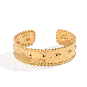 French vintage gold-plated titanium steel cuff bracelet with embossed lace hammered texture