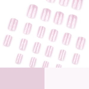 Pink glitter press on nails with short square shape and sparkling silver finish