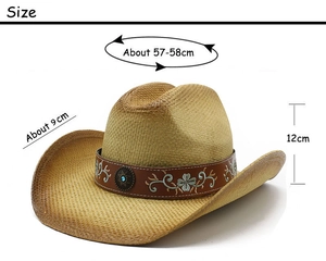 Tableau des tailles détaillé pour chapeau de cowboy en paille avec bandeau turquoise