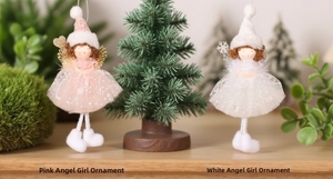 Vue détaillée des poupées anges en peluche rose et blanche avec jupes en tulle pailleté
