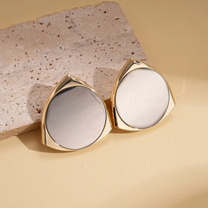 14K gold plated triangle geometric stud earrings with silver mirror inlay for women