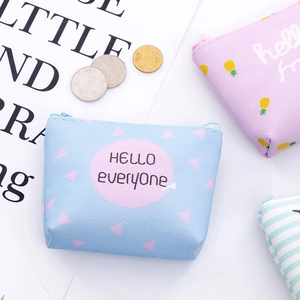 Close-up of cute cartoon PU coin purses with zipper closure and HELLO everyone print