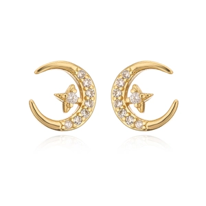 Golden moon and star stud earrings with sparkling cubic zirconia on white background