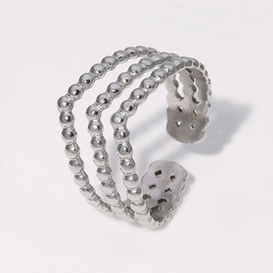 Adjustable silver stainless steel open ring featuring a modern triple-layered bead design
