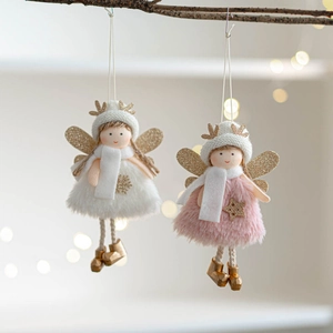 Hanging plush Christmas angel dolls with gold antlers and stars for tree decoration