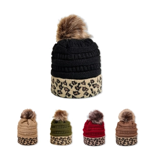 Beanie Hat Acrylic Warm Winter Leopard Print Pom Pom Ribbed Knit Fashion Versatile For Women Men