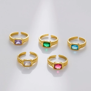 French luxury 18k gold plated titanium steel rings with colorful rectangular crystals