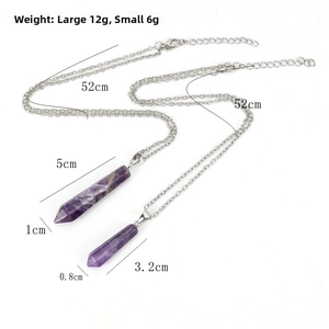 Detail view of hexagonal crystal pendant necklaces in two sizes with product dimensions