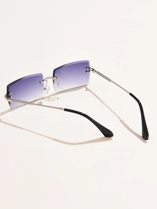 Detail of rimless square sunglasses with purple gradient lenses and silver metal temples