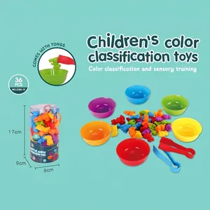 Rainbow counting animal toy set with colorful bowls and tweezers for color sorting training