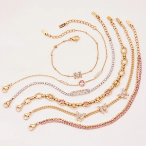 Set of 6 gold stainless steel bracelets for women with pink zircon and butterfly charms