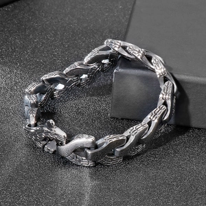 Men's vintage punk dragon bone chain bracelet in antique silver stainless steel