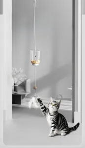 Hanging interactive cat toy with snack dispenser, wooden balls and feather bell pendant