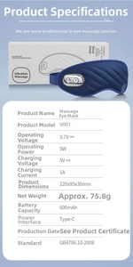 Detail view of V001 sleep eye massager showing Type-C charging and 600mAh battery specs