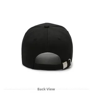Detail view of cotton baseball cap back showing adjustable silver metal buckle strap