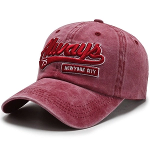 Washed burgundy cotton baseball cap with 3D Always embroidery and New York City patch
