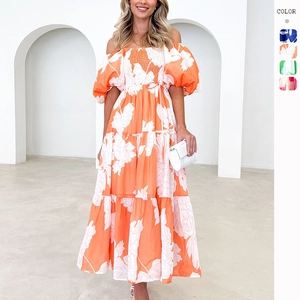 Floral Print Off Shoulder Maxi Dress Puff Sleeve Smocking Tiered Elegant Bohemian Summer Beach Long For Women