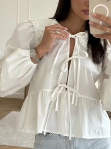 Women White Cotton Blouse Ruffle Collar Long Puff Sleeve Front Bow Tie French Sweet Elegant Commute Shirt Top