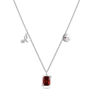 S925 sterling silver necklace with red zircon pendant and celestial charm on white background