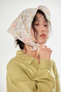 Floral cotton linen bandana for women in cream white with colorful ditsy flower pattern