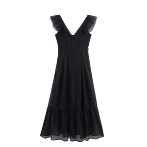 Elegant black V-neck mesh dress with ruffle trim and cinched waist for a sophisticated look