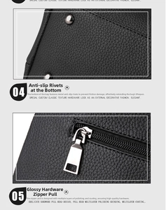 Detail of silver rivets and polished zipper on black lychee grain leather bag