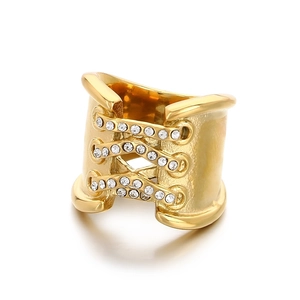 Luxe gold-plated stainless steel criss-cross ring with micro-pave white zircons