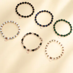 Lot de 6 bracelets en pierres naturelles avec breloques cœur or rose en couleurs minérales
