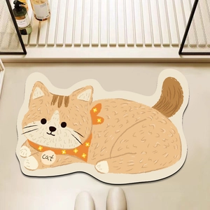 Absorbent bathroom mat with cute cartoon cat design in beige on tiled floor