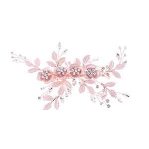 Exquisite bridal hair clip with pink flowers, crystal leaves on gold metal frame