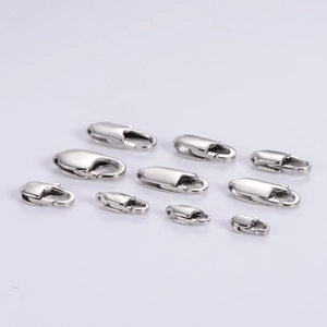 Macro shot of 10 polished silver stainless steel lobster clasps in various sizes