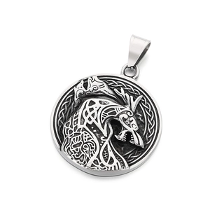 Retro stainless steel Celtic knot pendant with embossed Viking wolf head on white background
