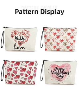 Detailed grid view of canvas makeup bags featuring various red heart pattern prints