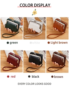 Color display of vintage women's kiss lock wallets in six available PU leather shades