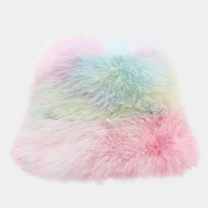 Macro detail of soft rainbow faux fur texture on this winter warm bucket hat for women