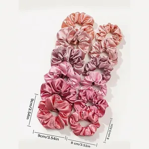 Set of 12 satin hair scrunchies in pink and champagne tones for women styling