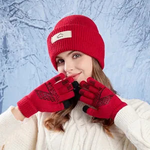 Winter knitted balaclava hat and touchscreen gloves set in bright red color