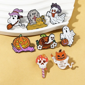 Detailed set of 8 Halloween enamel pins featuring ghosts, pumpkins, and RIP tombstones