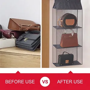 Three-tier closet hanging handbag organizer in grey with mesh pockets and hooks