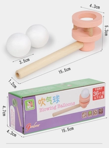 Detail showing dimensions of wooden floating ball blowing pipe toy with white foam ball