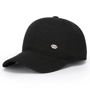 Classic men's thick wool baseball cap in black with warm earflaps and metal emblem