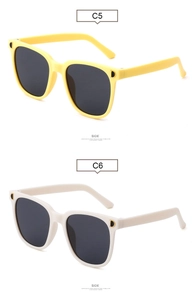 Detail view of stylish square kids sunglasses showing golden D logo on C5 and C6 matte frames