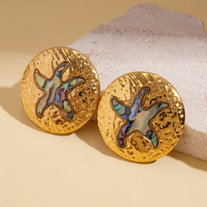 Detailed macro view of gold hammered earrings featuring colorful abalone shell starfish
