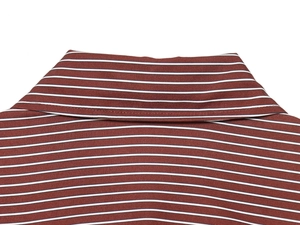 Detail shot of the red brown and white striped shirt collar showing precise stitching