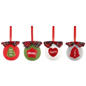 Set of four knitted Christmas tree ornaments with festive felt appliques and plaid bows
