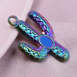 Macro view of rainbow stainless steel cactus charm with wavy texture for DIY jewelry