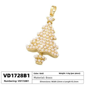 Detail view of pearl-studded Christmas tree pendant with brass gold plating measurements