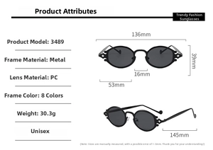 Detailed size chart for retro oval sunglasses with metal frame and dimensions info